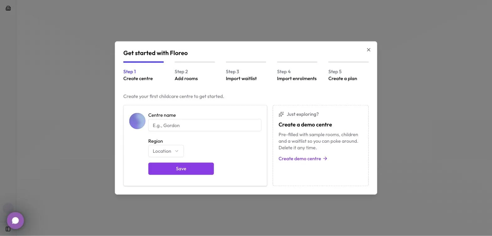 Step 1: name your centre. Or click Create demo centre to explore with sample data.
